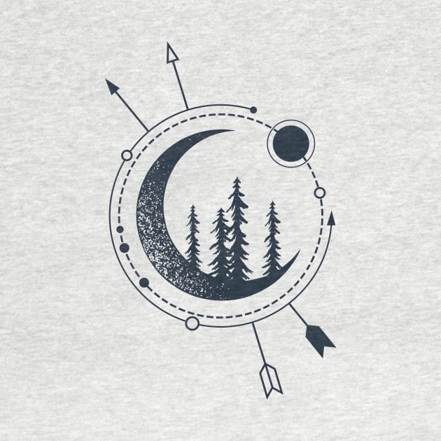 Forest And Сrescent. Pine Trees On The Moon. Creative Illustration. Geometric, Line Art Style by SlothAstronaut